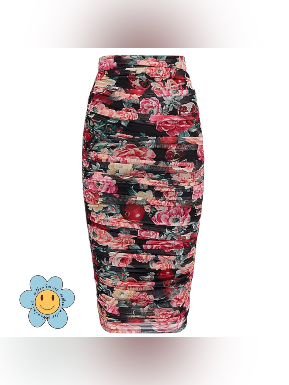 Express ~ Skirt ~ Pencil ~ Midi ~ Floral ~ Ruched ~ Black & Pink & Green ~ EUC